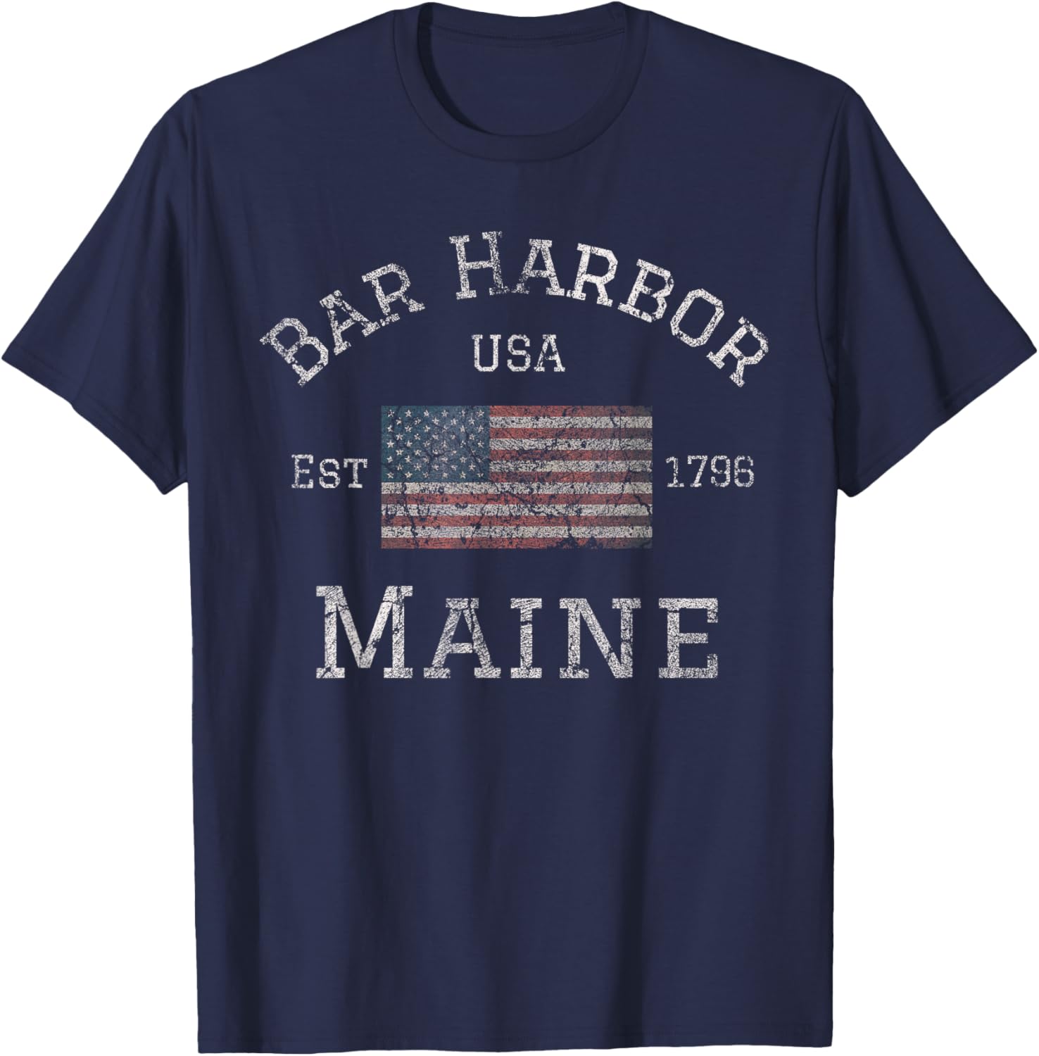Bar Harbor Maine USA American Flag Established ME Vintage T-Shirt - T-Shirt | Navy
