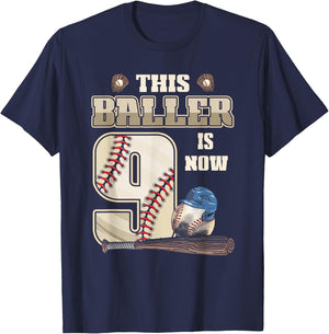 This Baller Is Now 9th Birthday Nine Years Old Baseball T-Shirt - T-Shirt | Navy