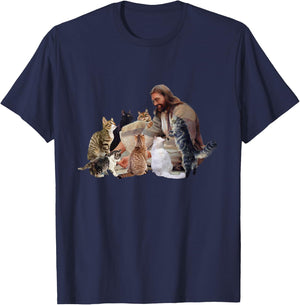 Jesus Hugs Cats Funny Cats T-Shirt - T-Shirt | Navy