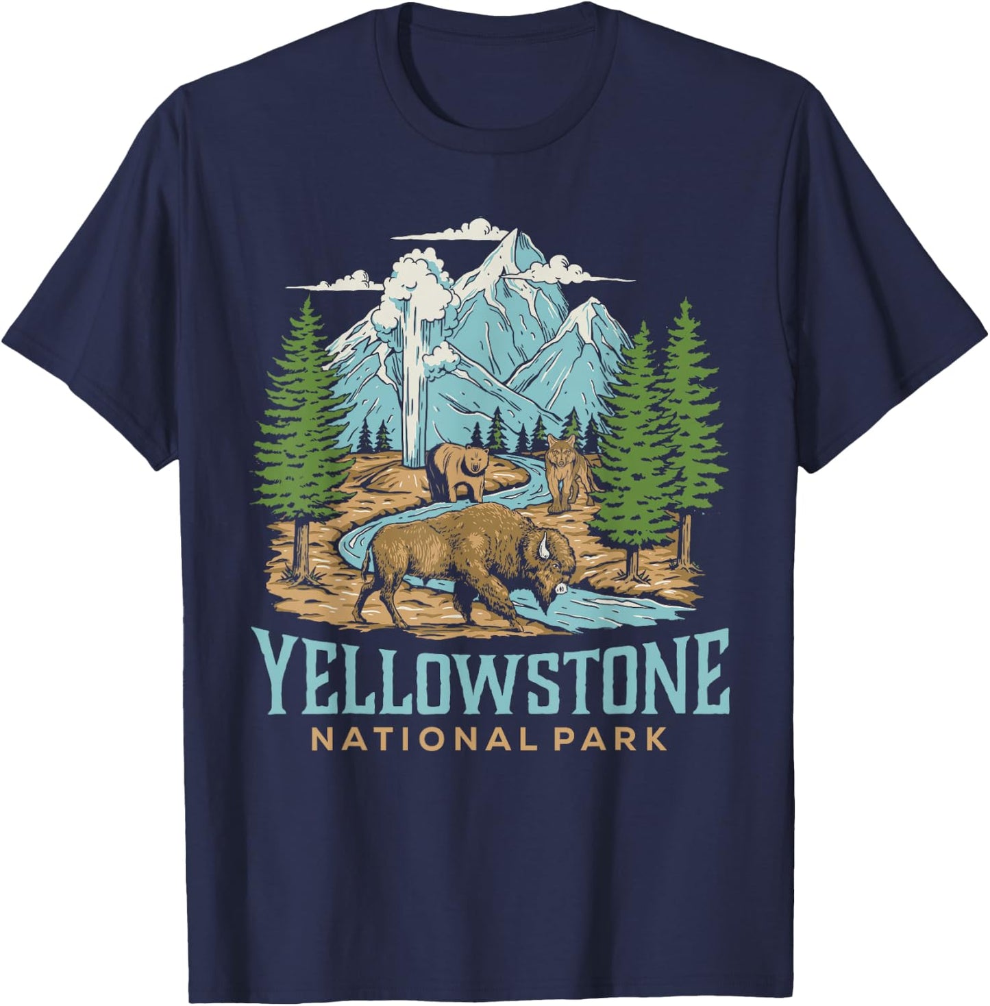 Yellowstone US National Park Wolf Bison Bear Vintage Gift T-Shirt - T-Shirt | Navy