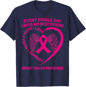 Pink Ribbon Heart Wings Best Friend Breast Cancer Awareness T-Shirt - T-Shirt | Navy