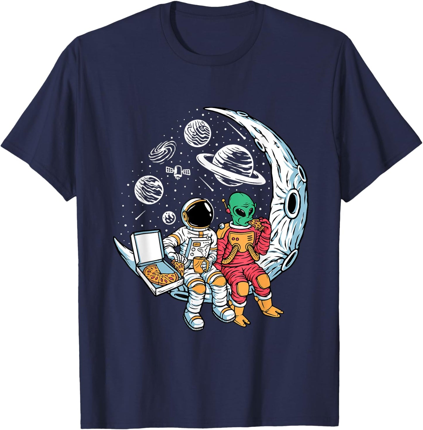 Astronaut Alien Eating Pizza in Space Chilling on the Moon T-Shirt - T-Shirt | Navy