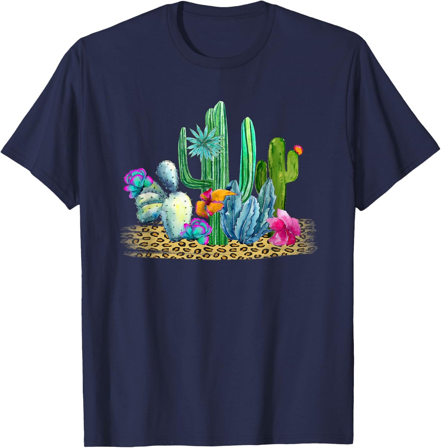 Desert Cactus Leopard Print Watercolor Boho Wanderlust T-Shirt - T-Shirt | Navy