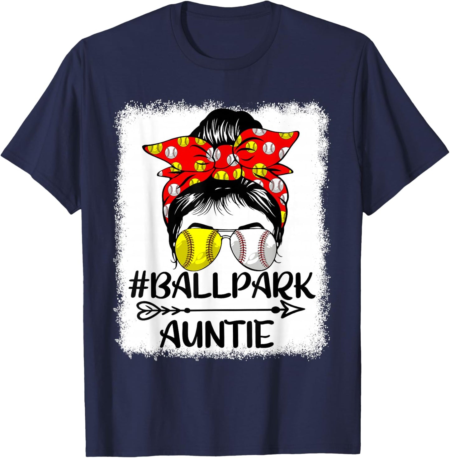 Messy Bun Hair BallPark Auntie Softball Baseball Mothers Day T-Shirt - T-Shirt | Navy