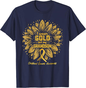 I Wear Gold For My Grandson Gold Sunflower Childhood Cancer T-Shirt - T-Shirt | Navy