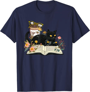 Coffee Kitty Cat and Book Lover Reader Gifts Books Reading T-Shirt - T-Shirt | Navy