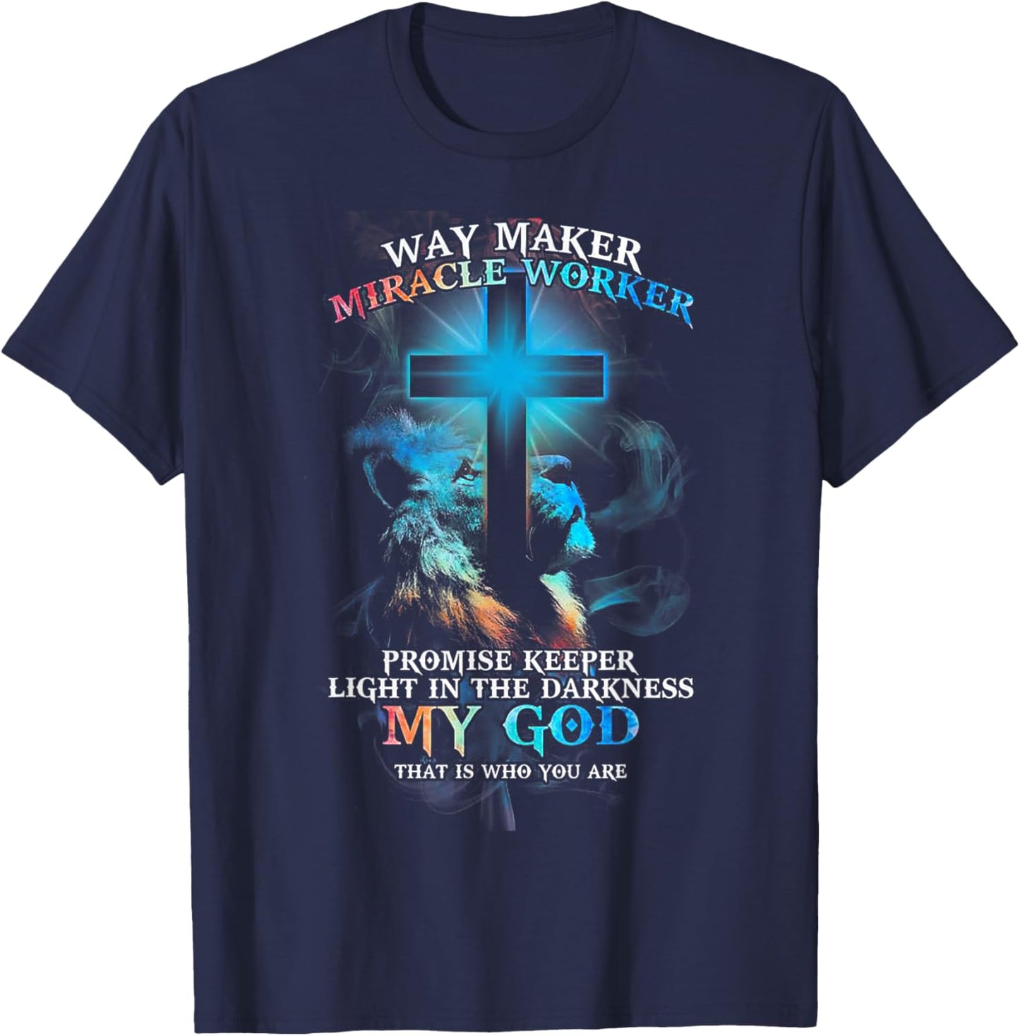 Lion Cross Light Colourful Waymaker Miracle Worker T-Shirt - T-Shirt | Navy