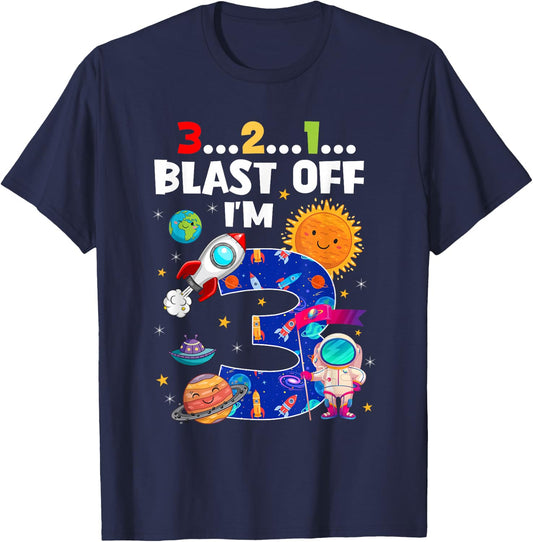 Blast Off I'm 3 Years Old 3rd Birthday Spaceship Astronaut T-Shirt - T-Shirt | Navy