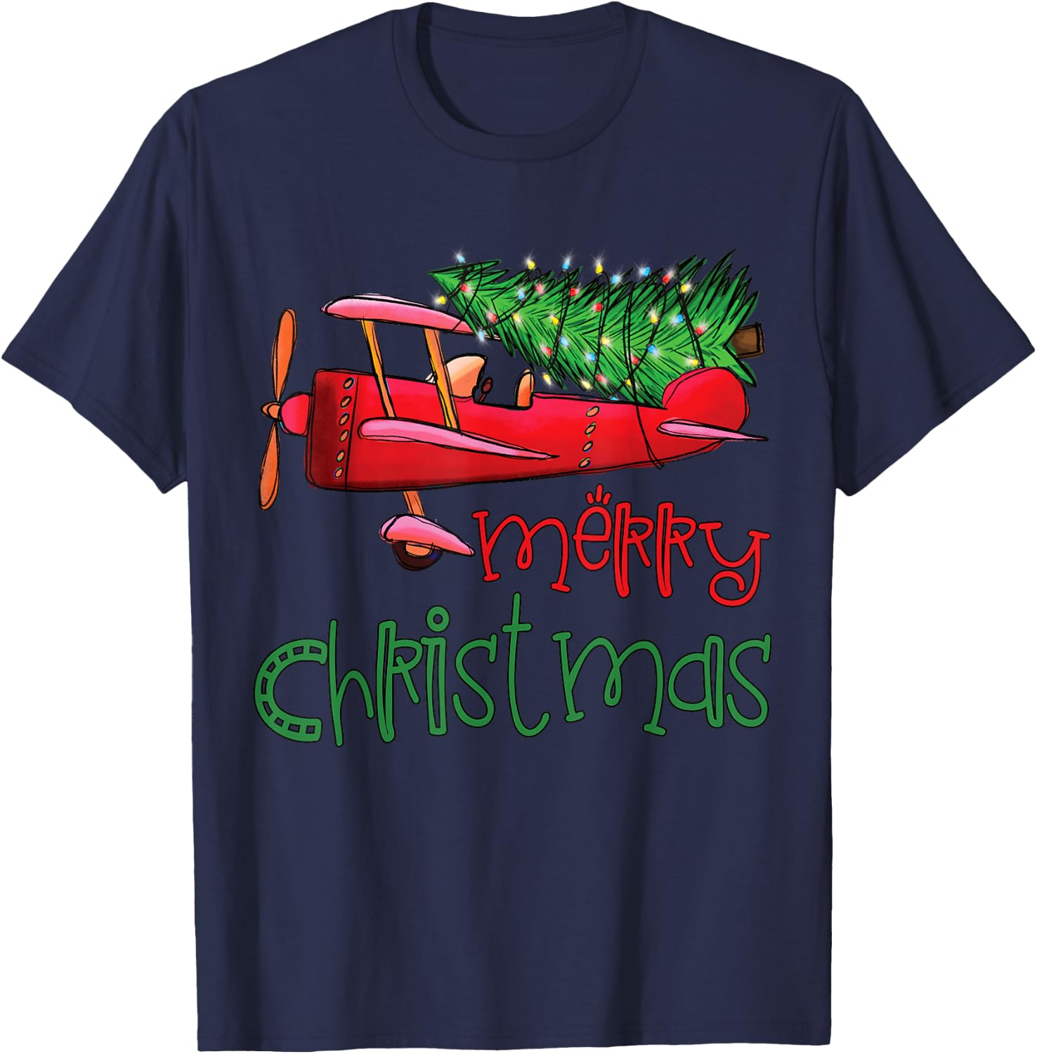 Merry Christmas Airplane Christmas Tree Pilot T-Shirt - T-Shirt | Navy