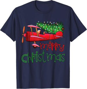 Merry Christmas Airplane Christmas Tree Pilot T-Shirt - T-Shirt | Navy