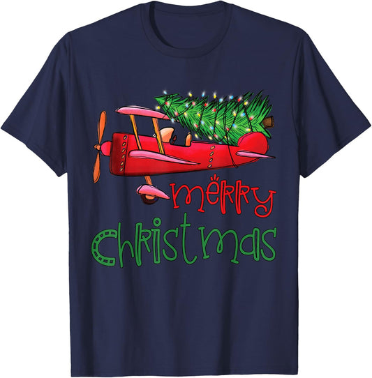 Merry Christmas Airplane Christmas Tree Pilot T-Shirt - T-Shirt | Navy