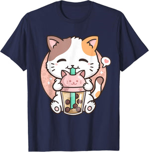 Boba Tea Cat Bubble Tea Cat Milk Tea Kawaii Anime Cat T-Shirt - T-Shirt | Navy