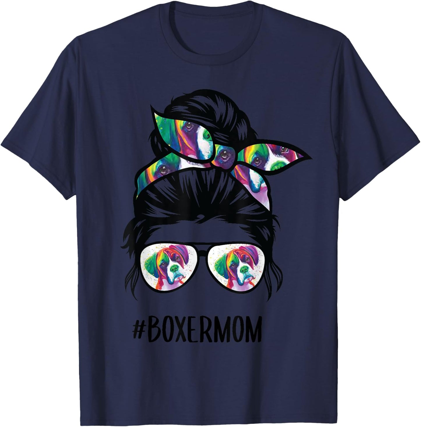 Boxer Mom Messy Bun Hair Dog Lover Women Girls Kids T-Shirt - T-Shirt | Navy