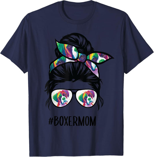 Boxer Mom Messy Bun Hair Dog Lover Women Girls Kids T-Shirt - T-Shirt | Navy