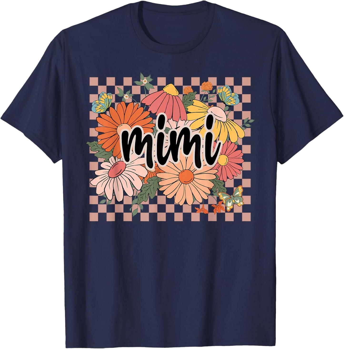 Mimi Floral Mother's Day Wildflower Girl Women Checkered T-Shirt - T-Shirt | Navy