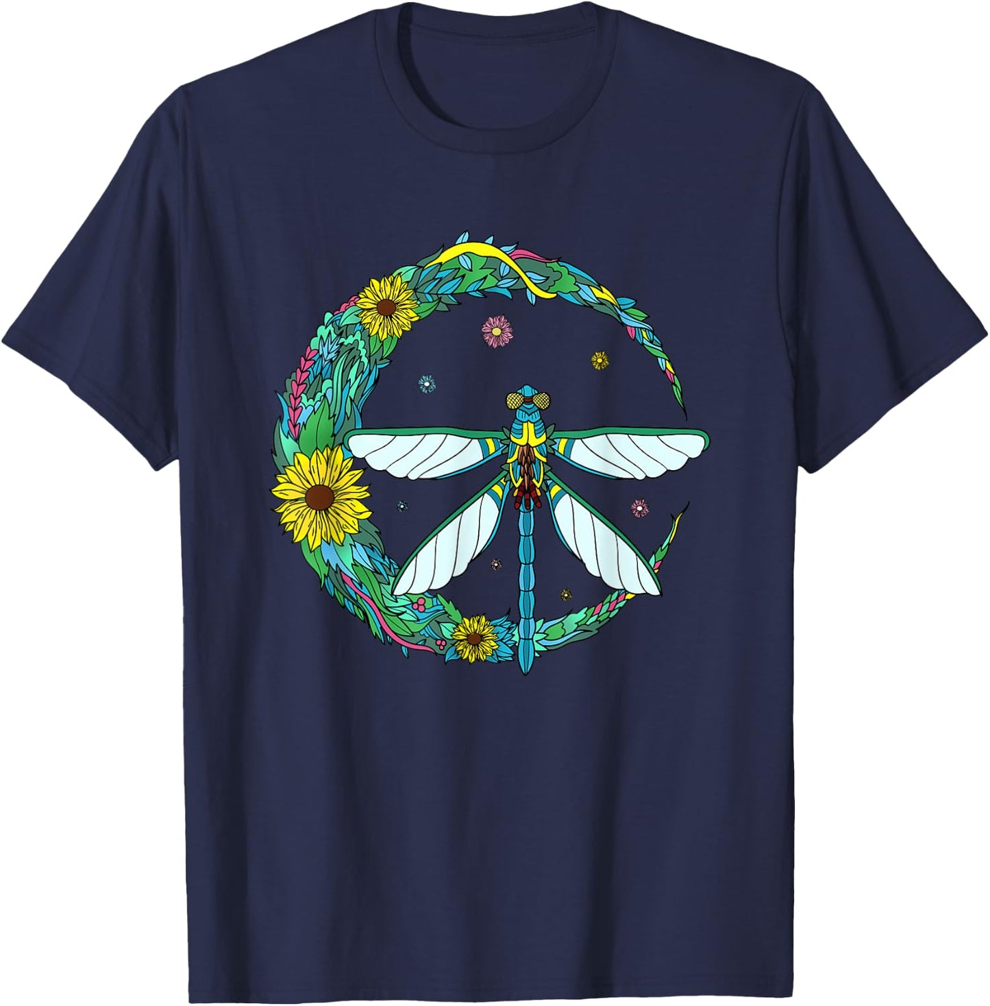 Dragonfly Boho Crescent Moon Peace Sign Hippie Dragonflies T-Shirt - T-Shirt | Navy