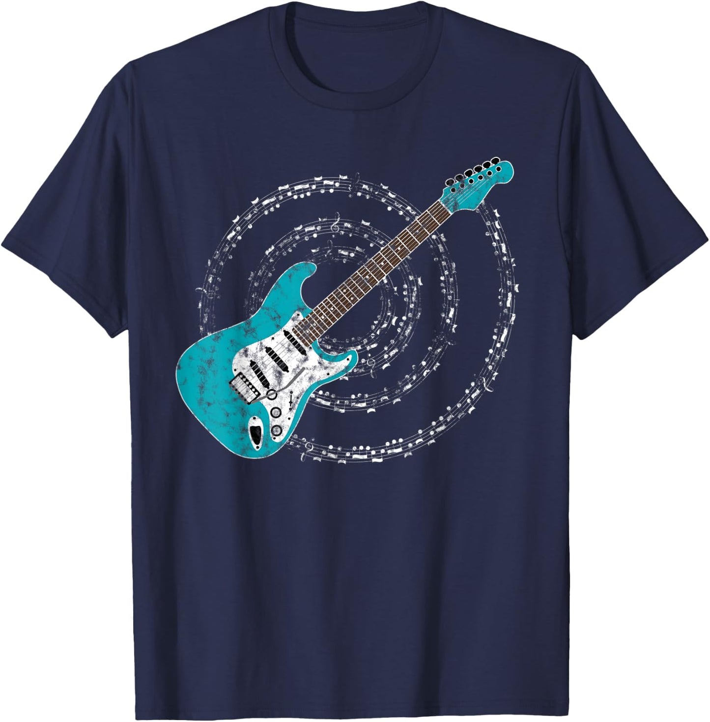 Surf Green Aqua Blue Electric Guitar Spiraling Musical Notes T-Shirt - T-Shirt | Navy
