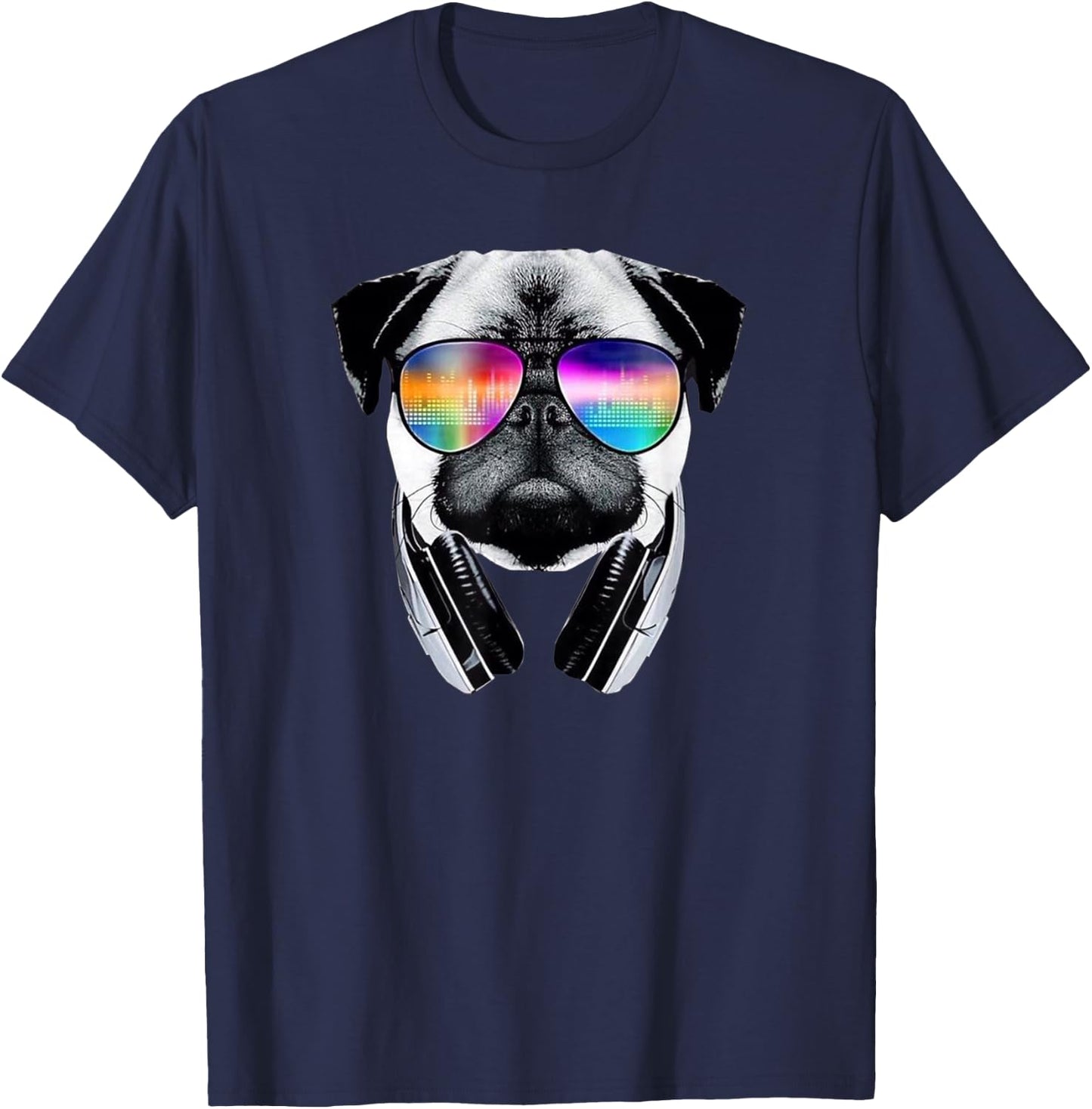 Trippy Pug Dog Wearing Music Equalizer Sunglasses T-Shirt - T-Shirt | Navy