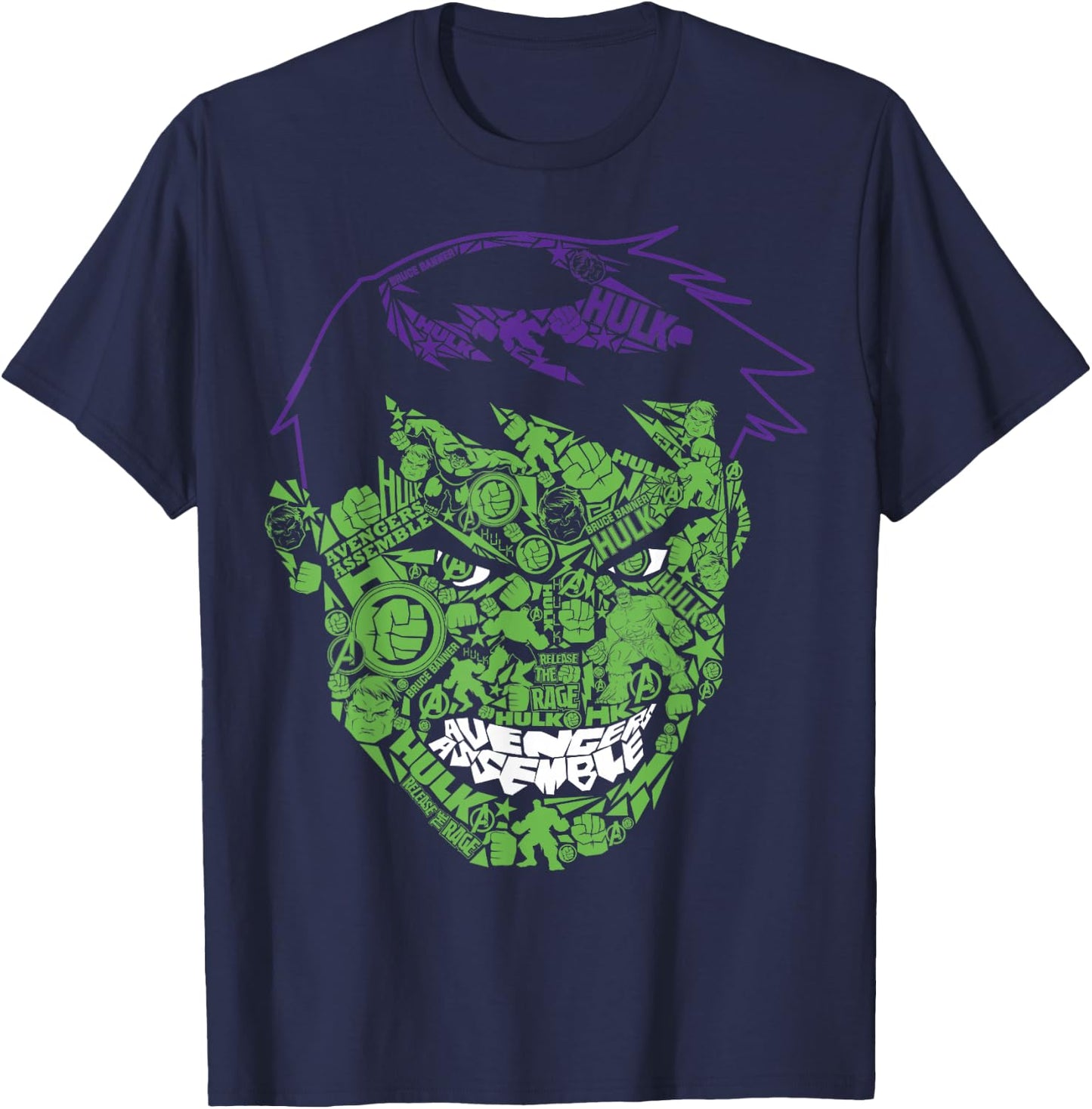 Marvel Hulk Angry Face Build Up Fill Graphic T-Shirt - T-Shirt | Navy