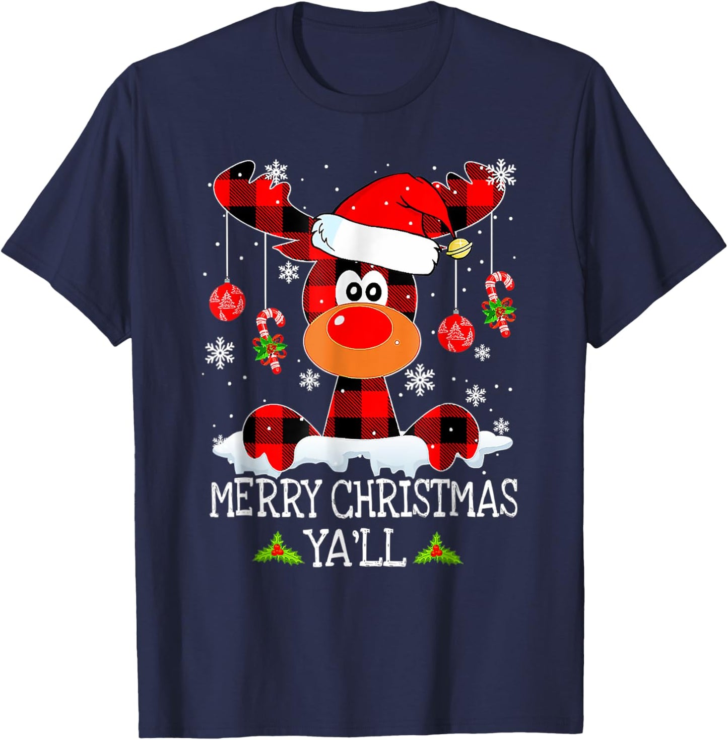 Merry Christmas Ya'll Reindeer Santa Hat Buffalo Red Plaid T-Shirt - T-Shirt | Navy