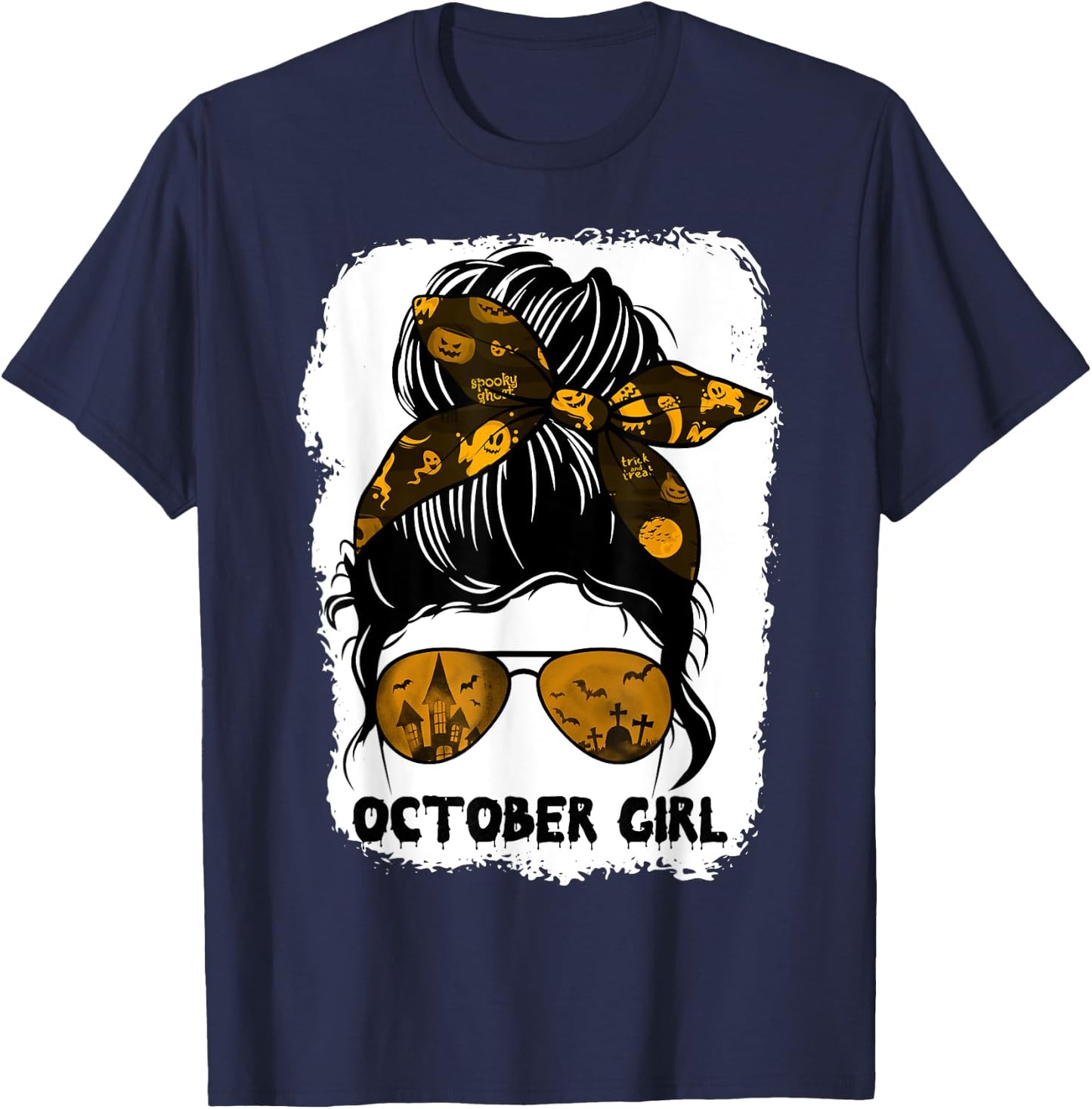 October Girl Messy Bun Lady Hair Horror Sunglasses Halloween T-Shirt - T-Shirt | Navy