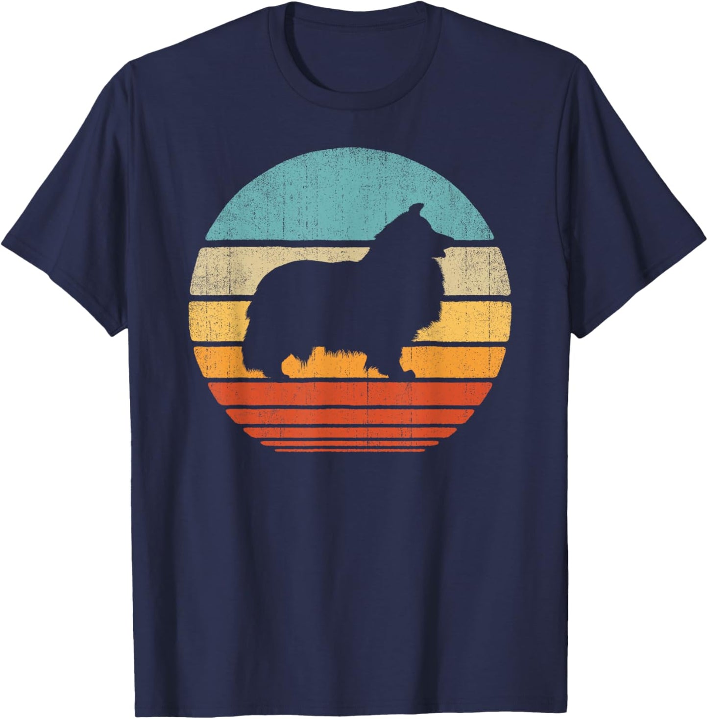 Sheltie Shetland Sheepdog Retro Vintage 60s 70s Sunset Dog T-Shirt - T-Shirt | Navy
