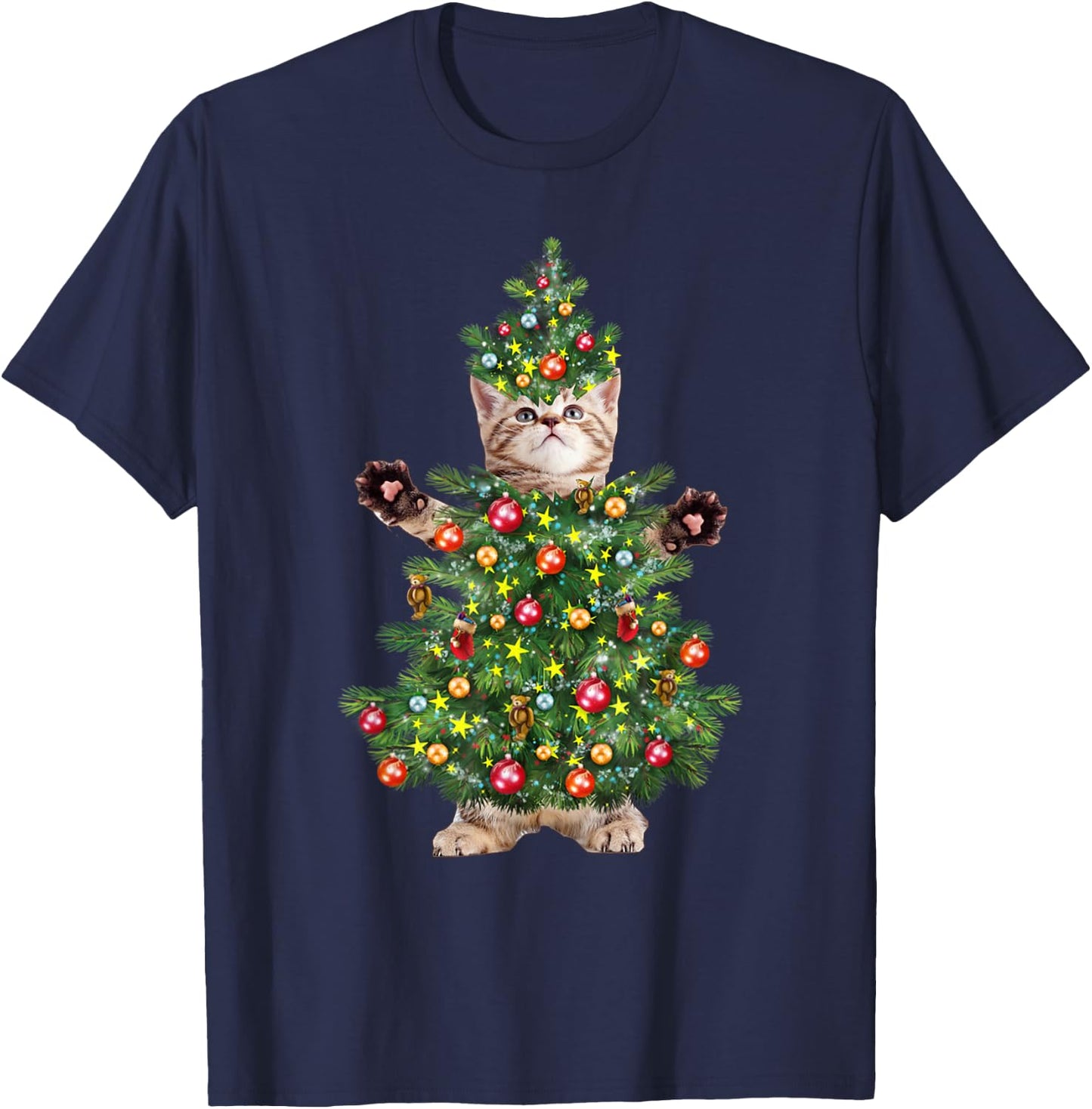 Funny Cat Christmas Tree Xmas Gifts Men Women Kids T-Shirt - T-Shirt | Navy