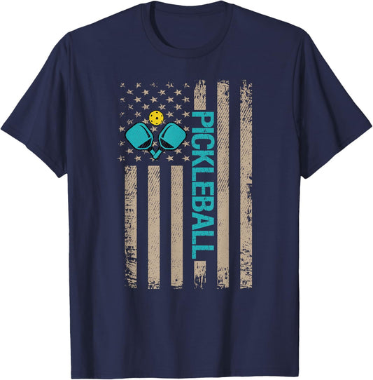 Funny Pickleball American Flag Vintage T-Shirt - T-Shirt | Navy