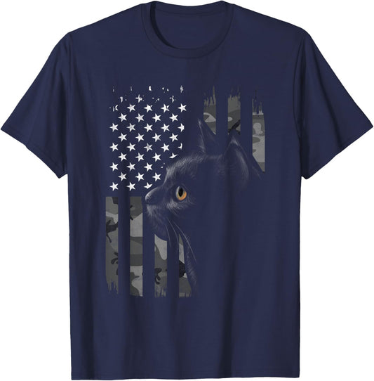 Vintage Style Black Cat Camo American Flag Patriotic Gift Women Kids Men T-Shirt - T-Shirt | Navy