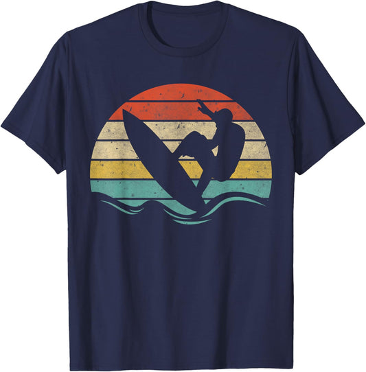 Vintage Retro Surfing Sunset Distressed Surfboarder Wave Gif T-Shirt - T-Shirt | Navy