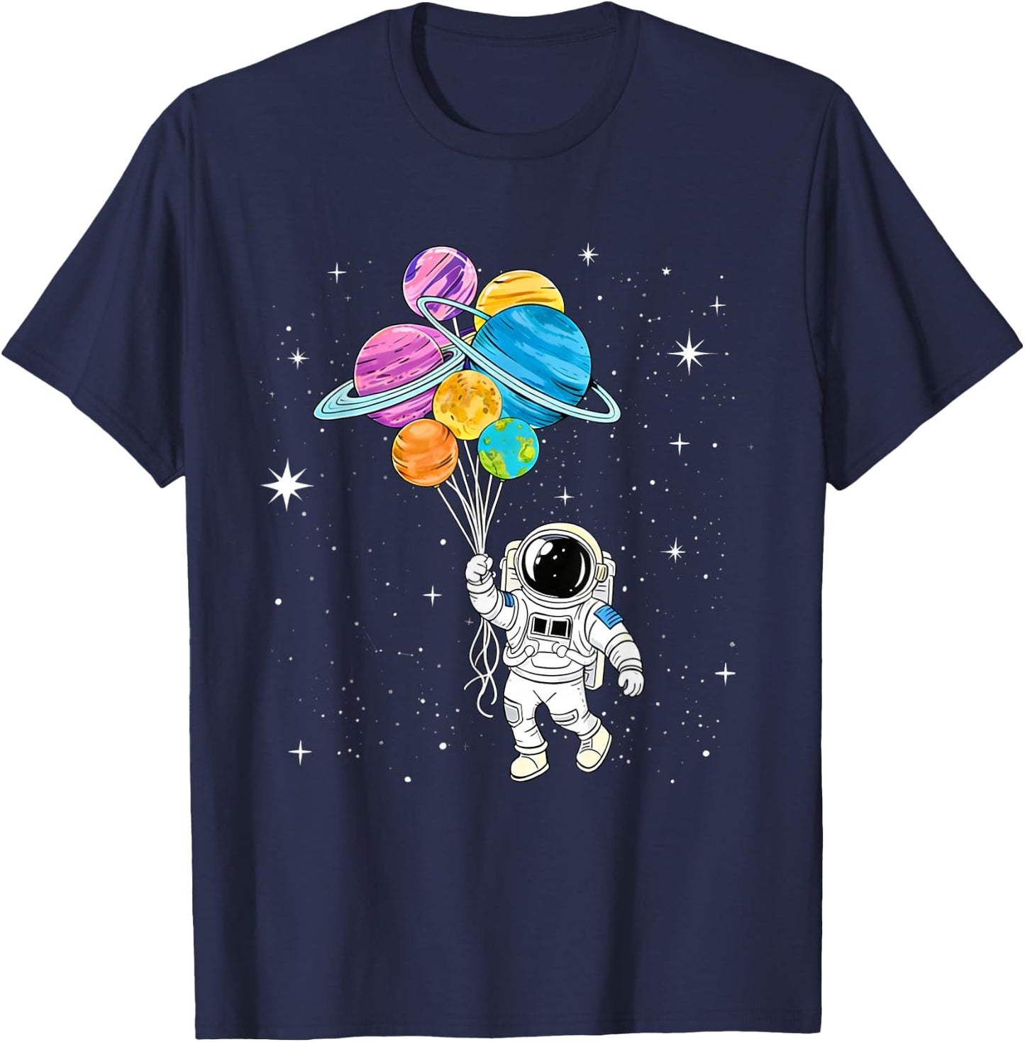 Astronaut Holding Planet Balloons - Funny Astronomy Space T-Shirt - T-Shirt | Navy