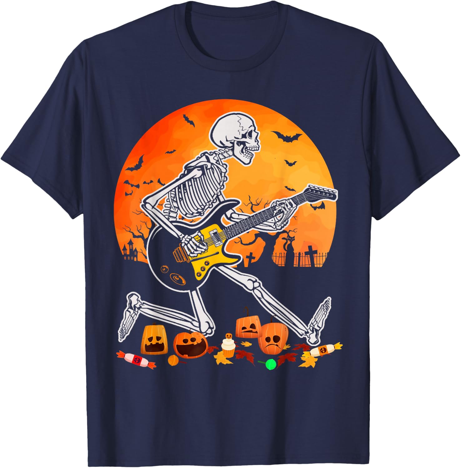 Skeleton Playing Bass Guitar Halloween Electric Acoustic T-Shirt - T-Shirt | Navy
