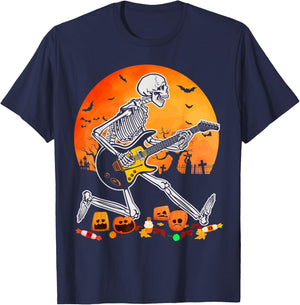 Skeleton Playing Bass Guitar Halloween Electric Acoustic T-Shirt - T-Shirt | Navy