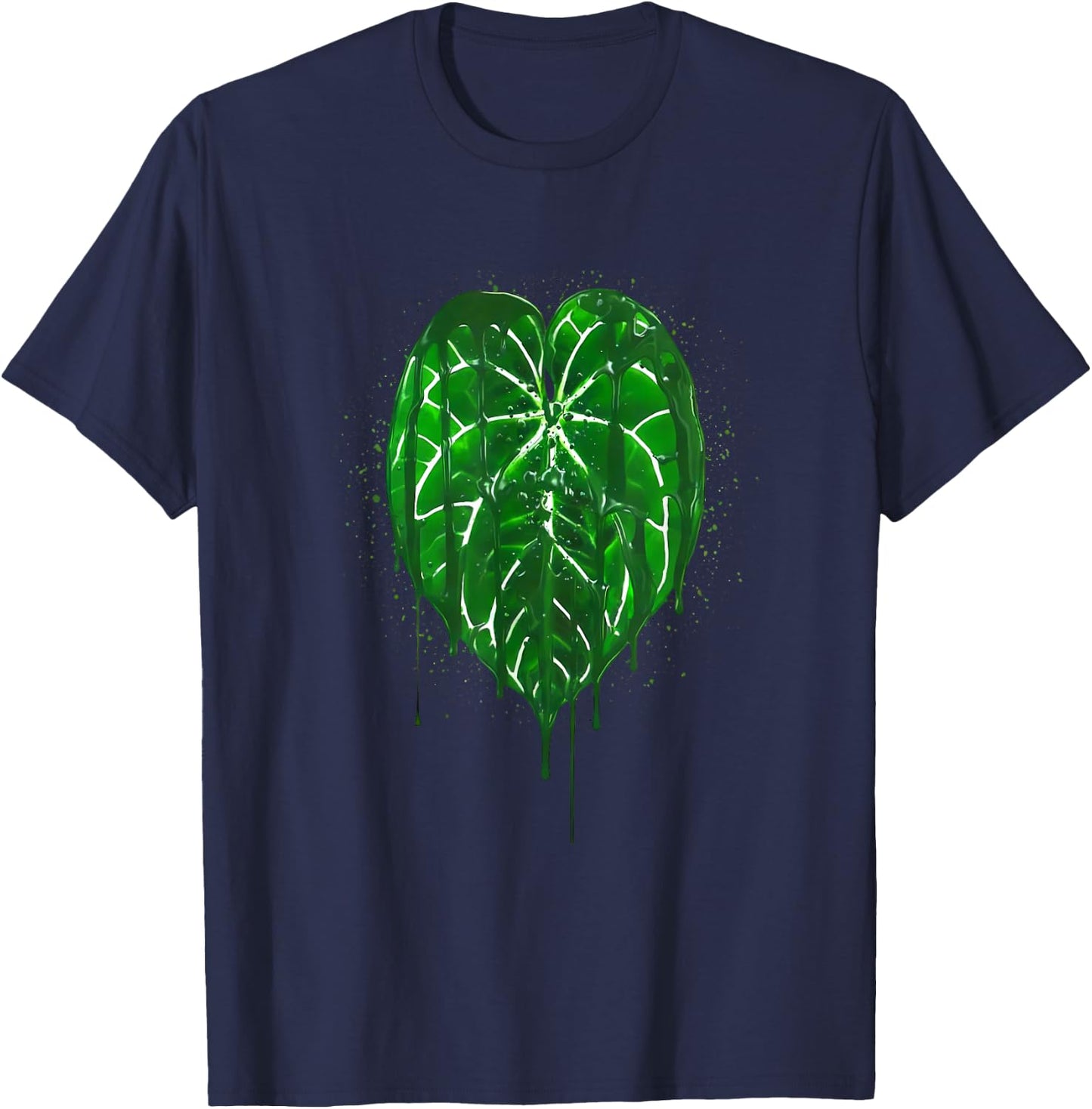 Anthurium Leaf Art Green Drip Style Botanical Design T-Shirt - T-Shirt | Navy