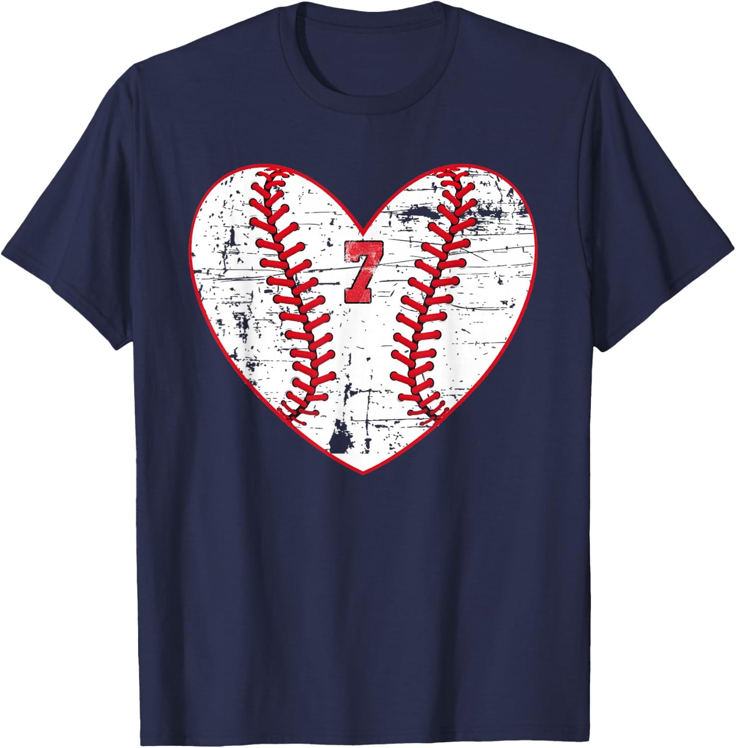 Baseball Distressed Heart Number 7 Sports Gift T-Shirt - T-Shirt | Navy