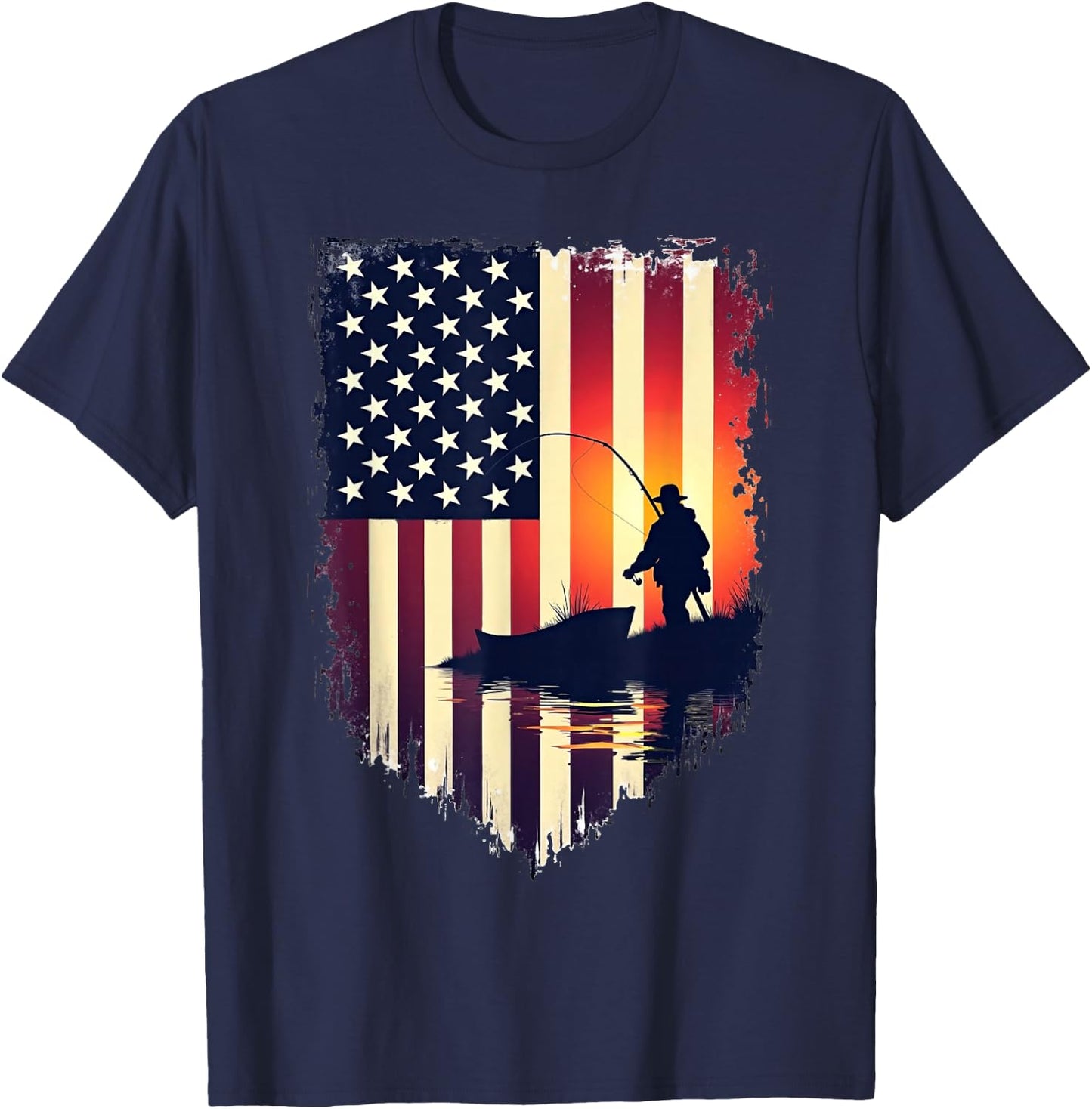 American Flag 4th of July Fish Fisherman Funny Bass Fishing T-Shirt - T-Shirt | Navy