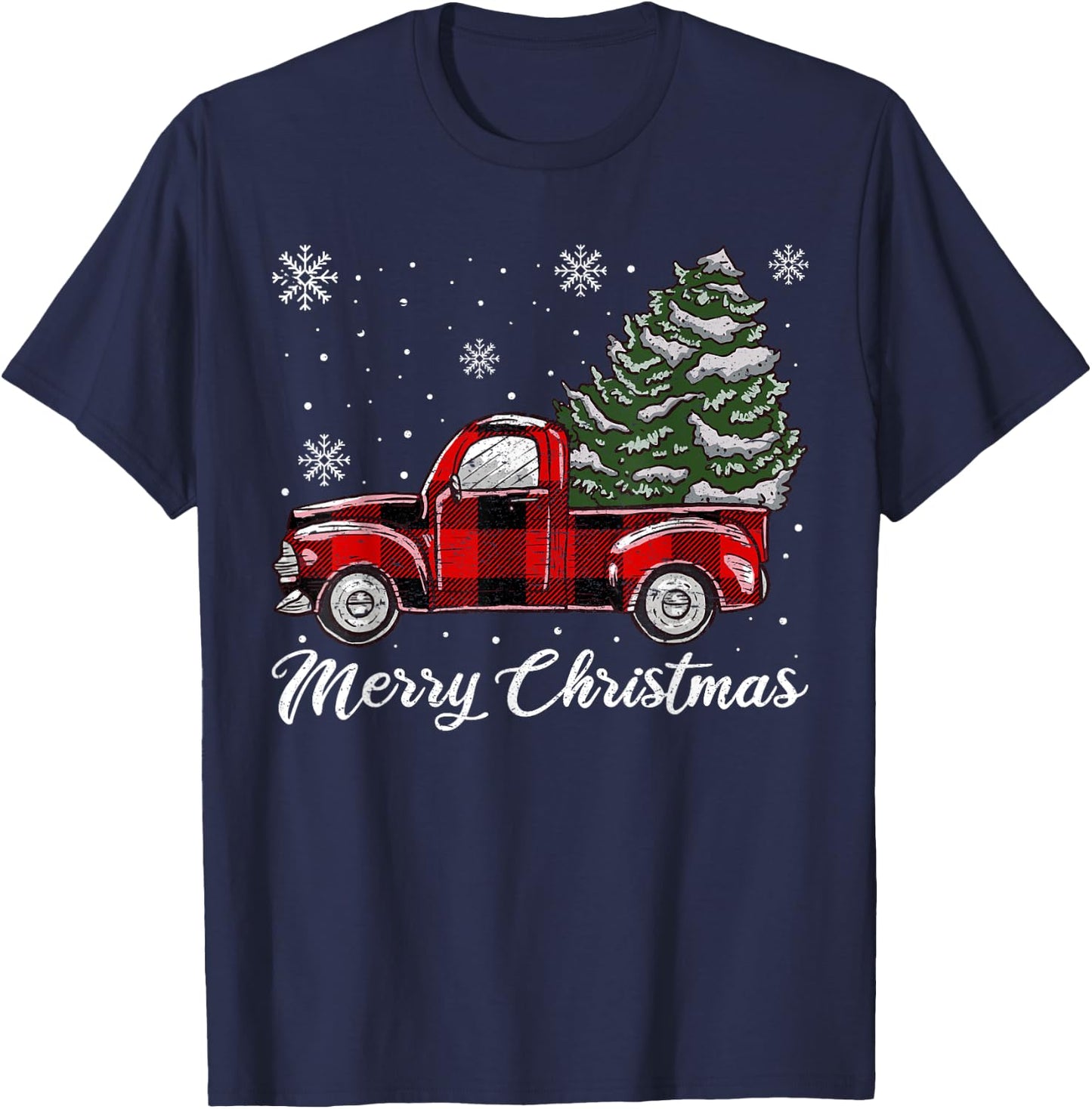Christmas Tree Red Truck Pajama, Vintage Buffalo Plaid Truck T-Shirt - T-Shirt | Navy