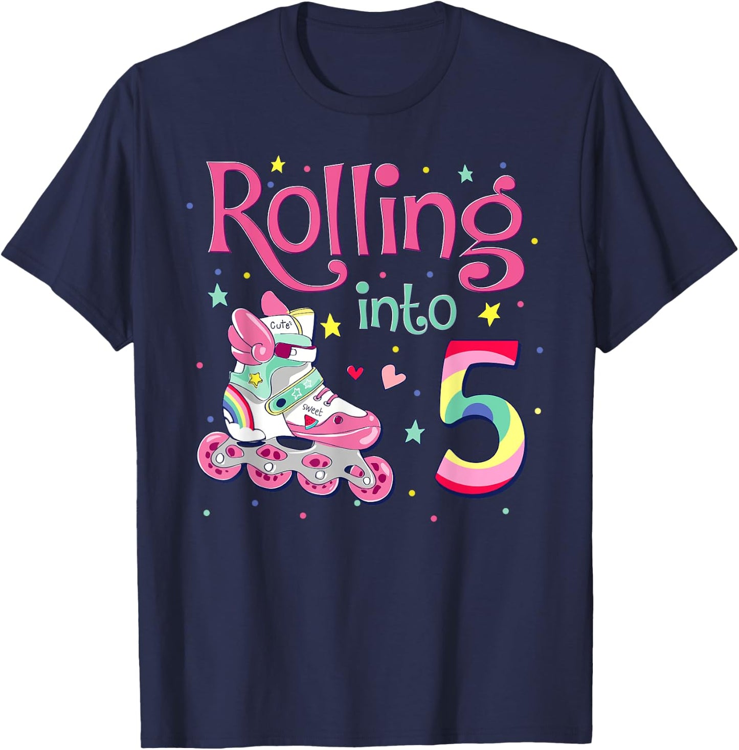 5th Bday Rolling Into 5 Birthday Girl Roller Skate Party T-Shirt - T-Shirt | Navy