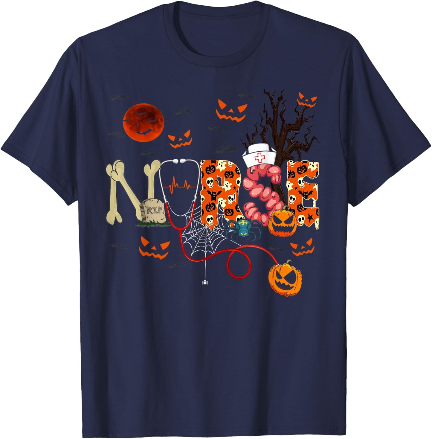 Nurse Funny Stethoscope Nurse Pumpkin Skull Lover Halloween T-Shirt - T-Shirt | Navy