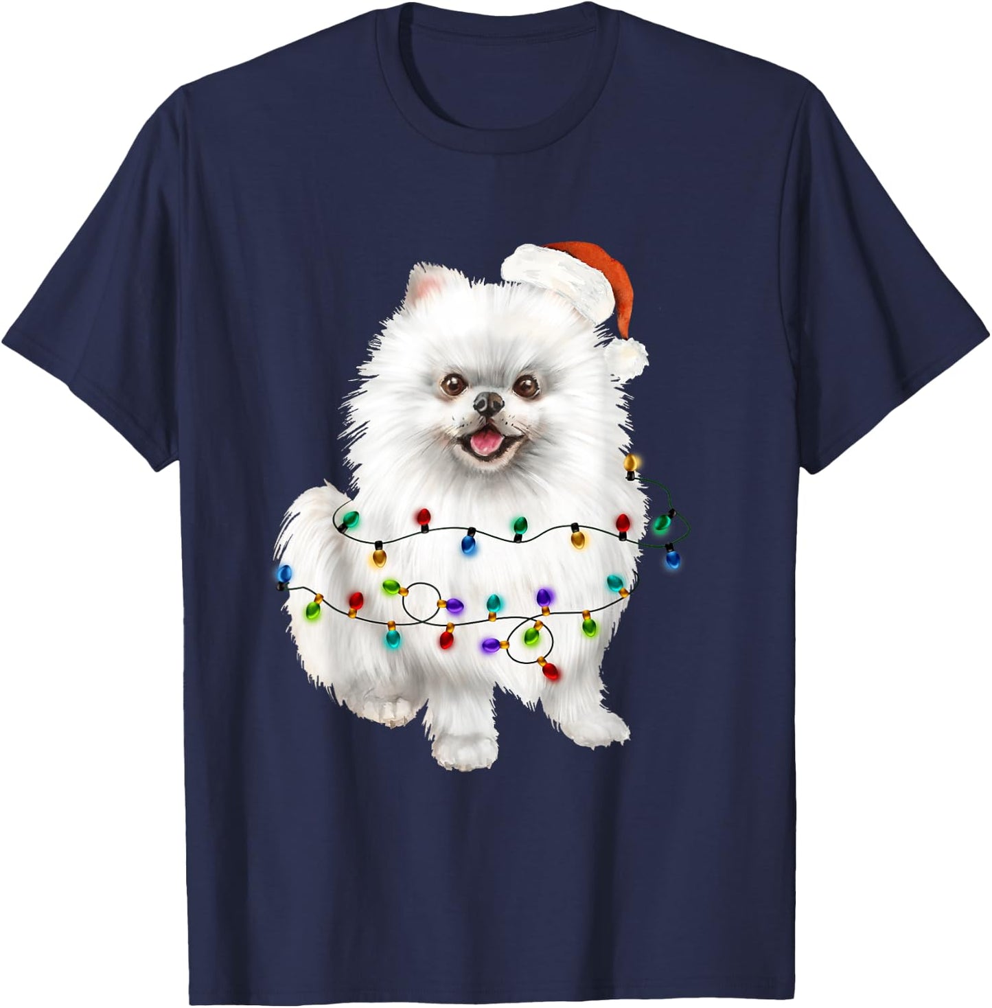 Pomeranian White Santa Christmas Tree Lights Xmas Dog Lover T-Shirt - T-Shirt | Navy