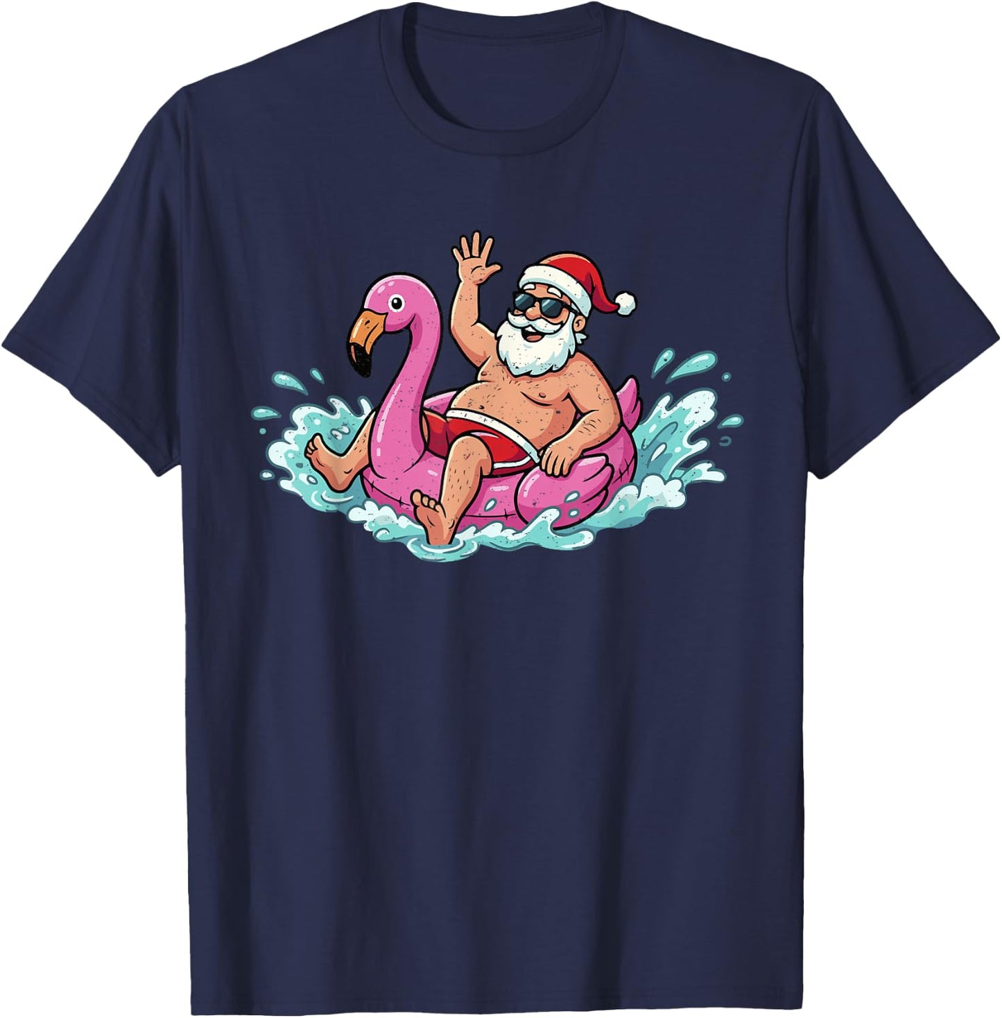 Santa Flamingo Floatie Summer Christmas in July Men Women T-Shirt - T-Shirt | Navy
