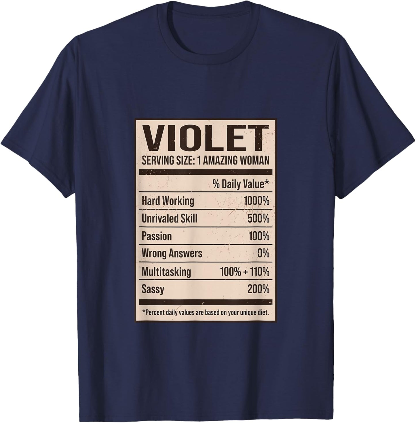 Violet Nutrition Facts Name Nickname Alias Title Friends T-Shirt - T-Shirt | Navy