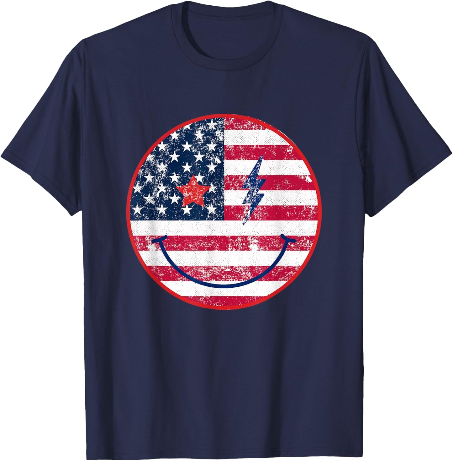 American Flag Happy Face July 4th Patriot USA T-Shirt - T-Shirt | Navy