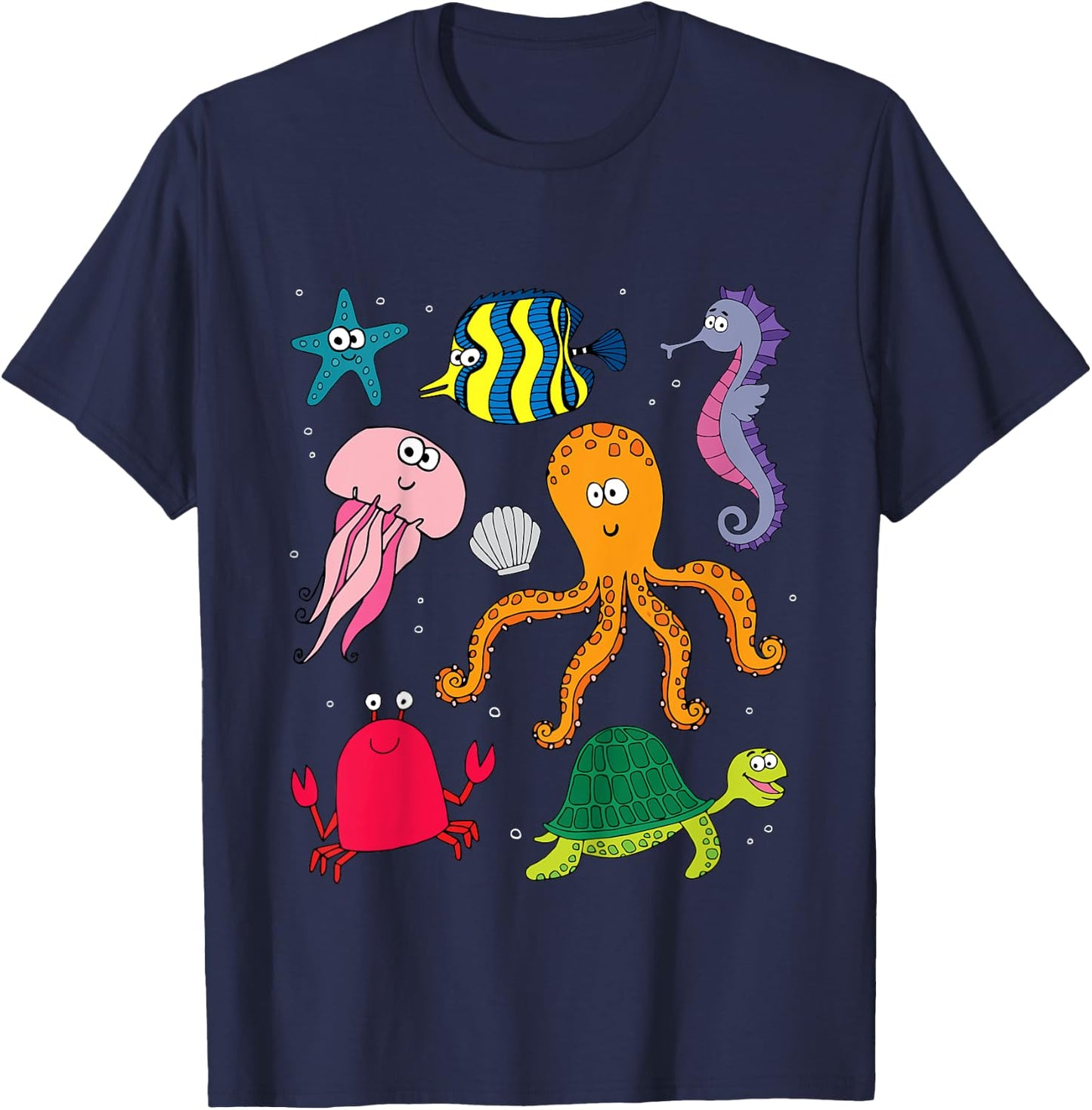 Beach Sea Creatures Ocean Animals Turtle Octopus Fish Girls T-Shirt - T-Shirt | Navy