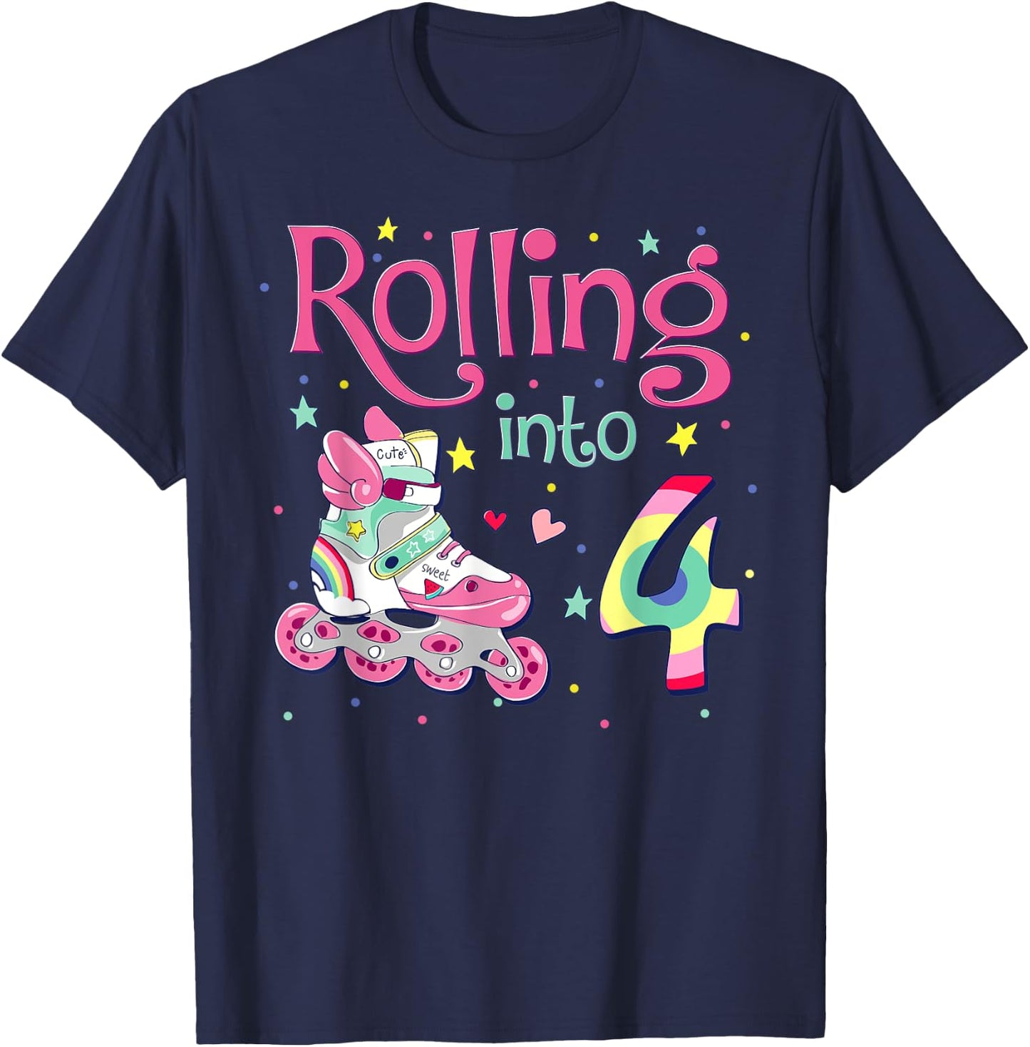 4th Bday Rolling Into 4 Birthday Girl Roller Skate Party T-Shirt - T-Shirt | Navy