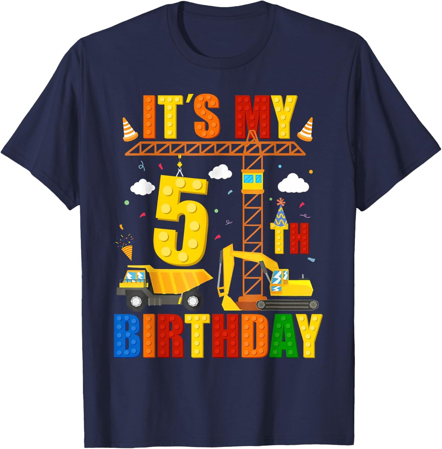 It's My 5th Birthday Construction Excavator Birthday Boys T-Shirt - T-Shirt | Navy