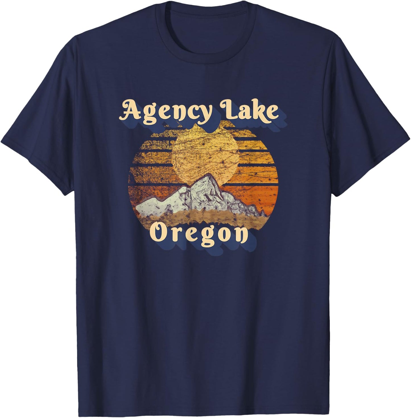 Agency Lake Oregon Retro Mountain Sunset Styled T-Shirt - T-Shirt | Navy