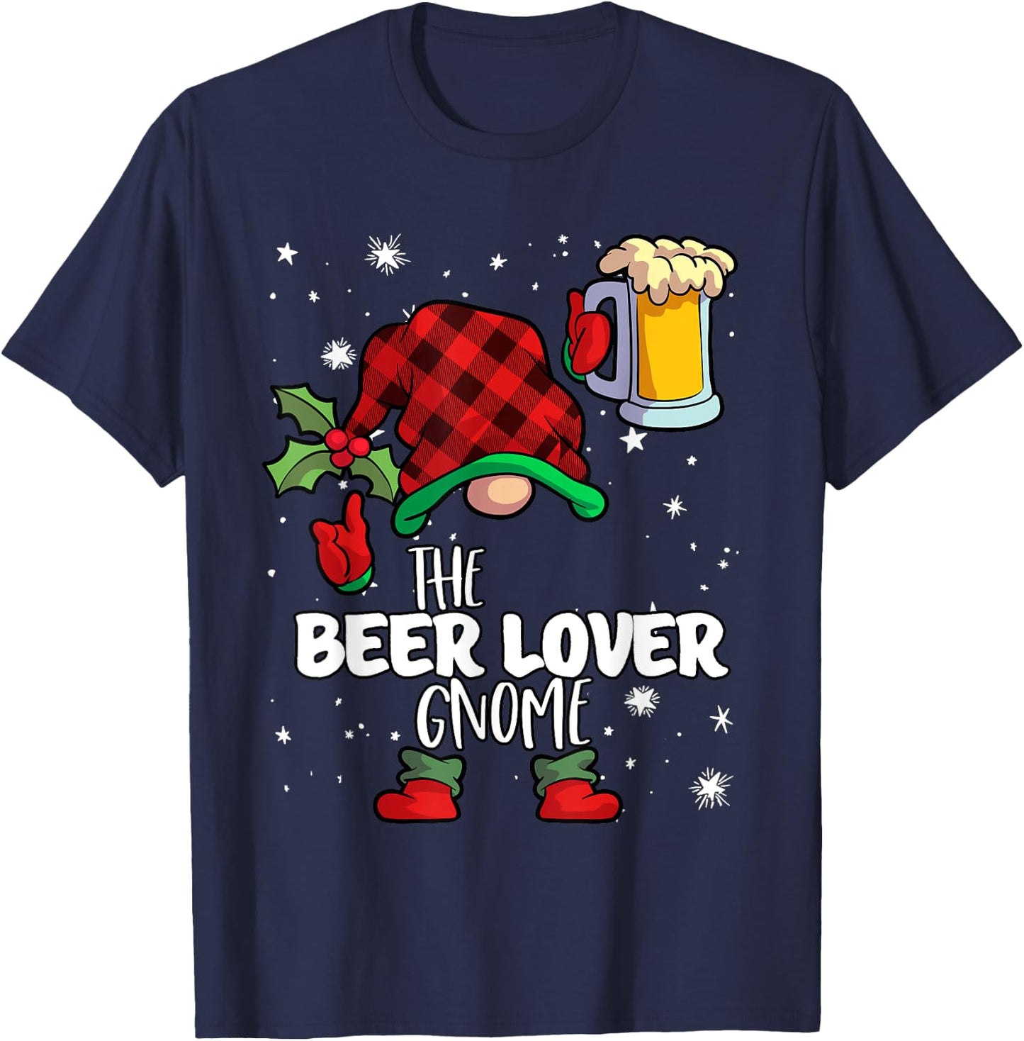 Beer Lover Gnome Red Buffalo Plaid Matching Family Christmas T-Shirt - T-Shirt | Navy