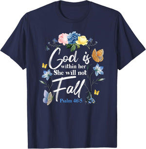 Christian Bible Verse Quote Butterfly Rose Flower Psalm 46:5 T-Shirt - T-Shirt | Navy