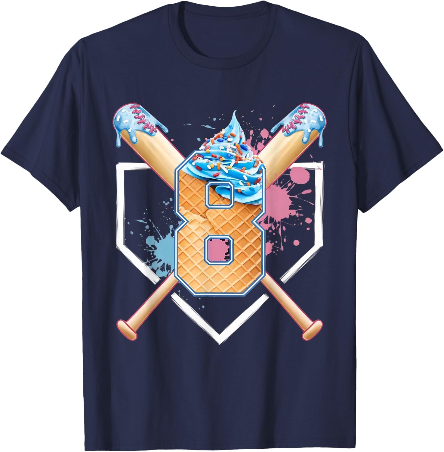 Baseball 8 Year Old Ice Cream Drip 8th Birthday Boy 8 T-Shirt - T-Shirt | Navy